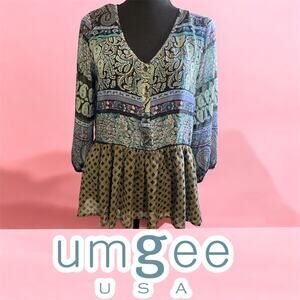 Umgee 3/4 Sleeve Boho Gypsie Whimsical Blouse Size L Button Front Teal Blues